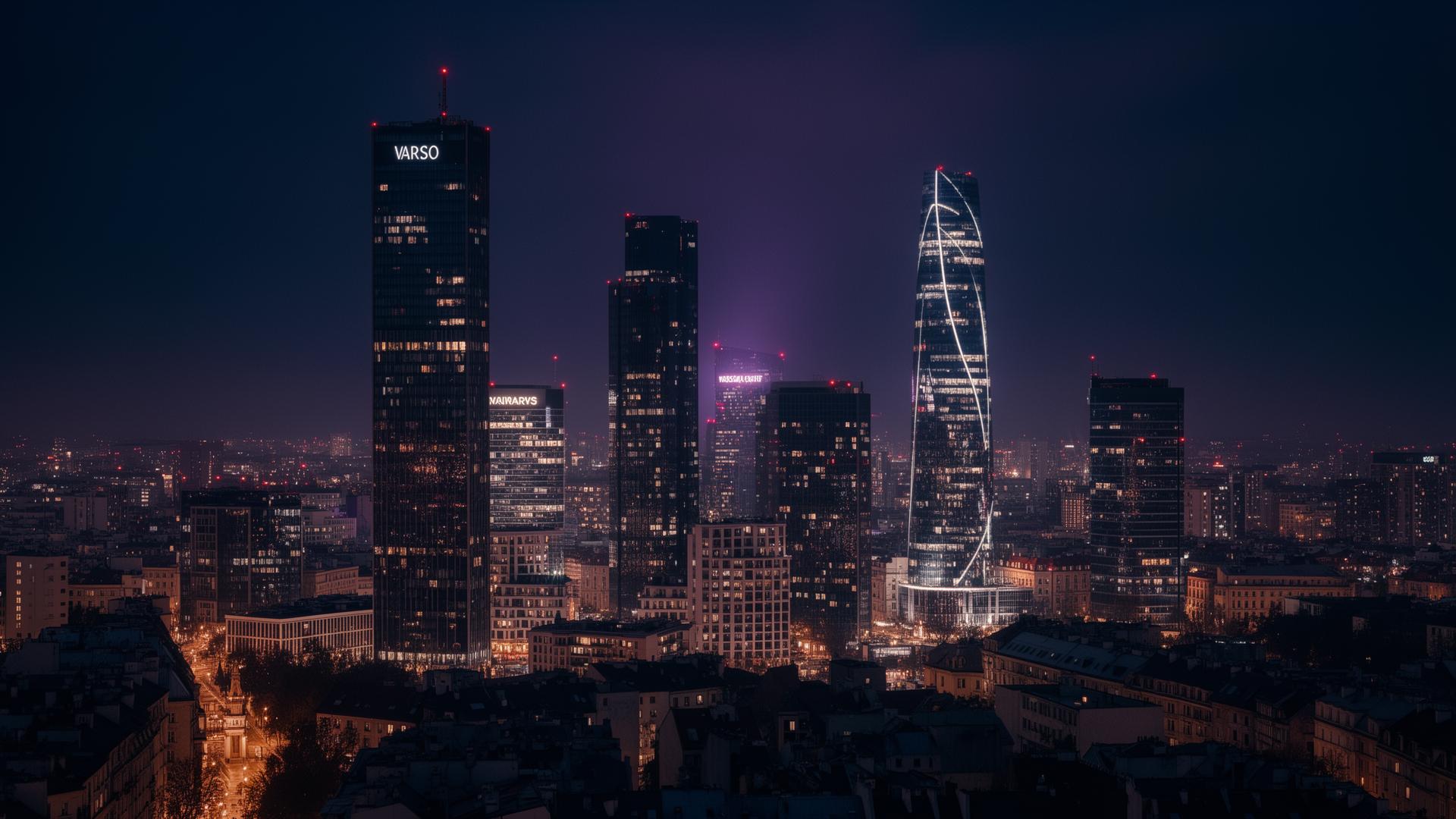 Warsaw financial district skyline at night